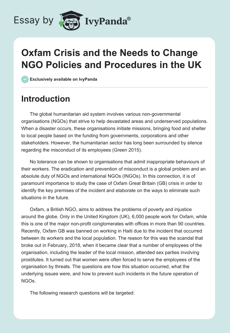 Oxfam Crisis and the Need to Change NGO Policies and Procedures in the UK. Page 1