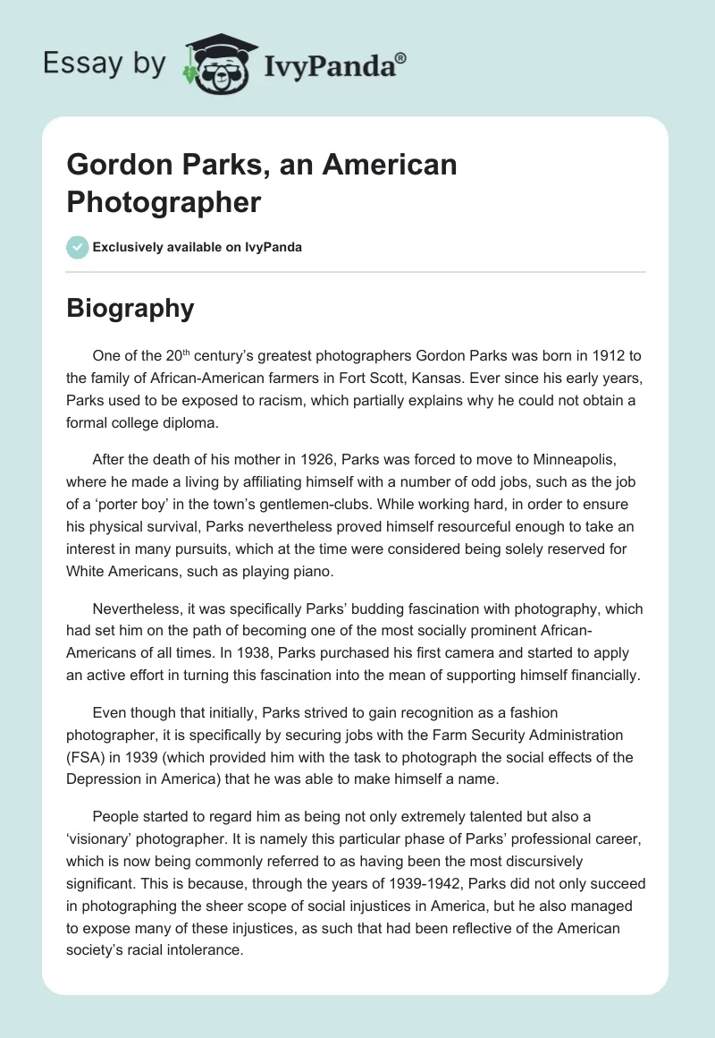Gordon Parks, an American Photographer. Page 1