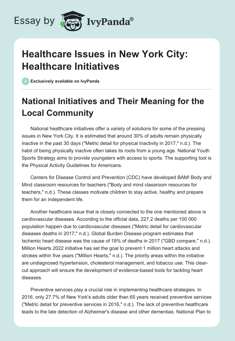 Healthcare Issues in New York City: Healthcare Initiatives. Page 1