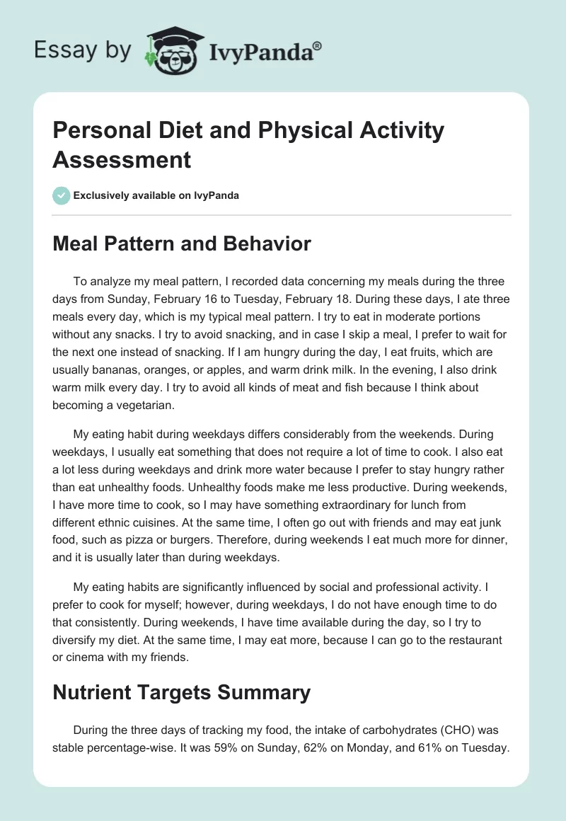 Personal Diet and Physical Activity Assessment. Page 1