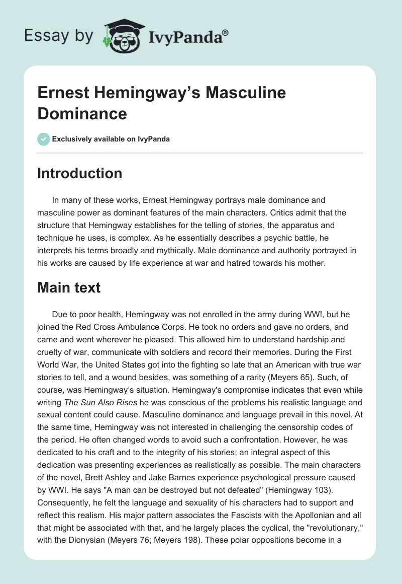 Ernest Hemingway’s Masculine Dominance. Page 1