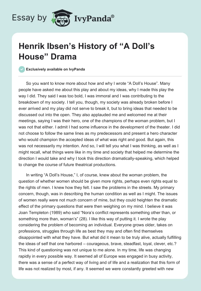Henrik Ibsen’s History of “A Doll’s House” Drama. Page 1
