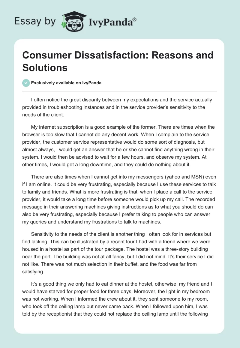 Consumer Dissatisfaction: Reasons and Solutions. Page 1