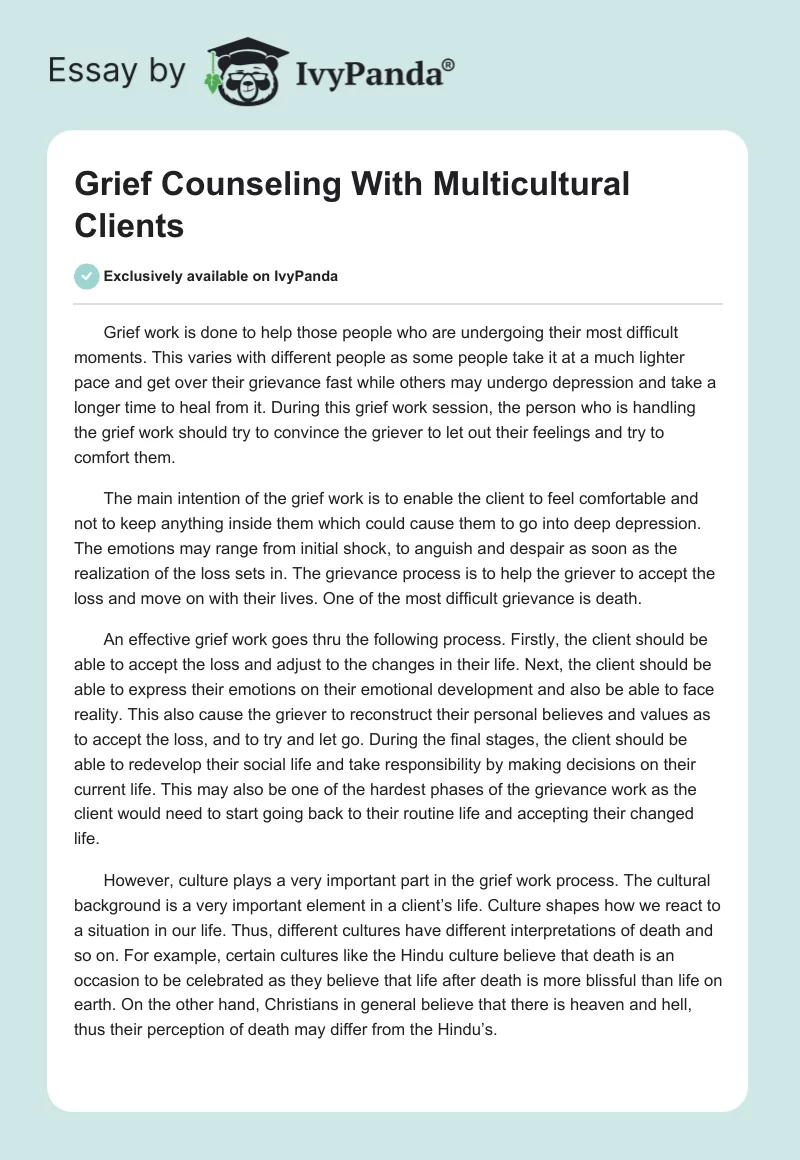 Grief Counseling With Multicultural Clients. Page 1
