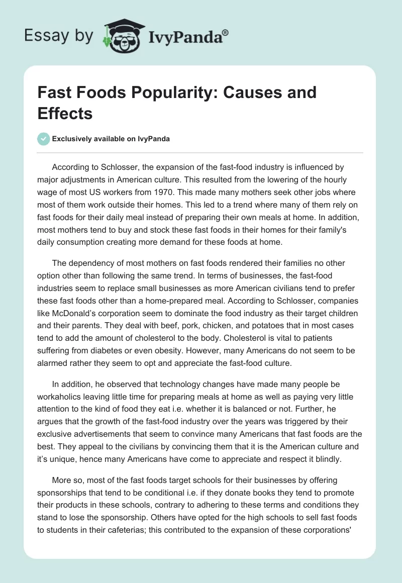 Fast Foods Popularity: Causes and Effects. Page 1
