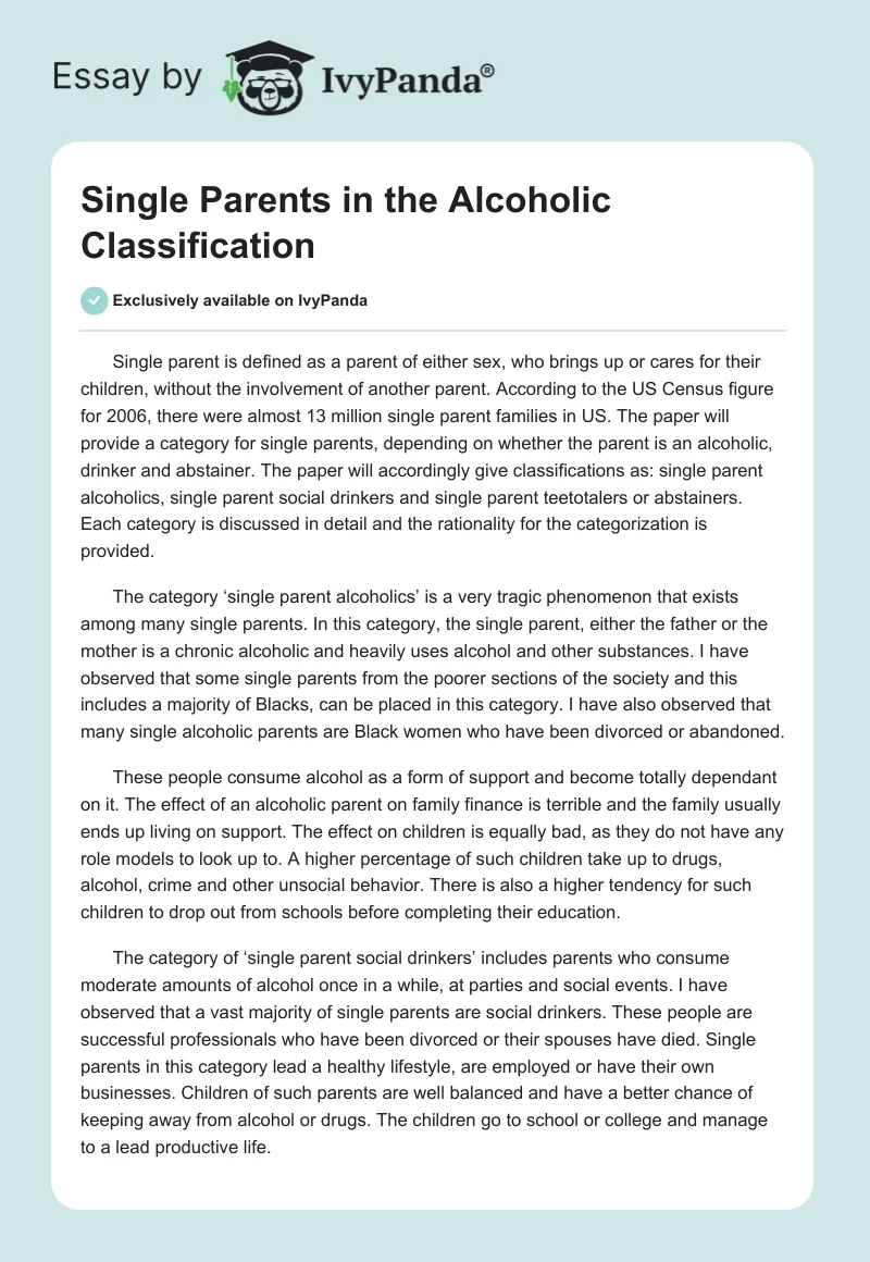 Single Parents in the Alcoholic Classification. Page 1