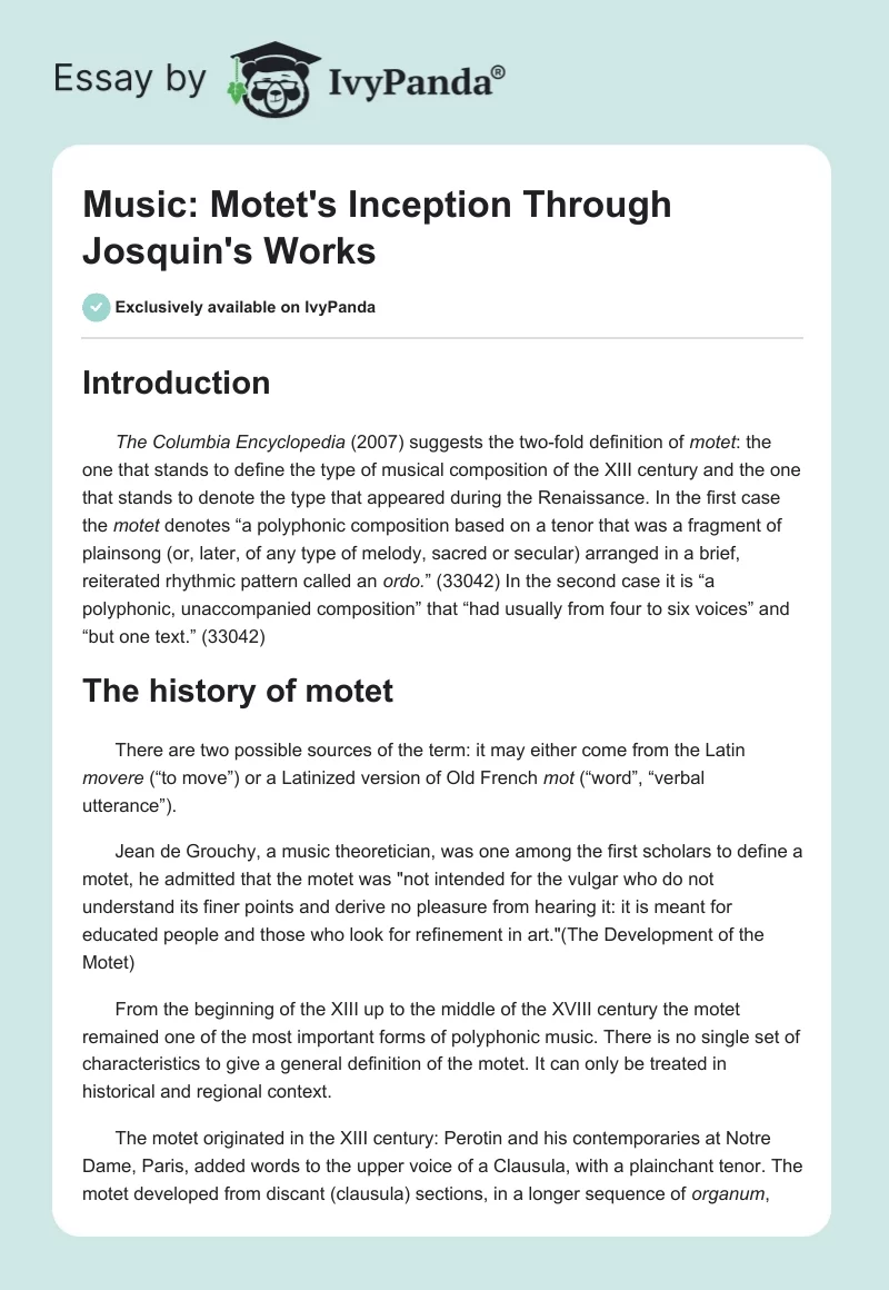 Music: Motet's Inception Through Josquin's Works. Page 1