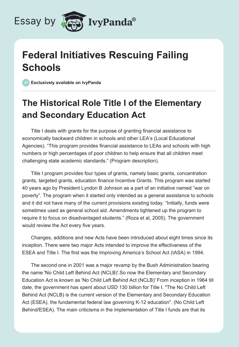 Federal Initiatives Rescuing Failing Schools. Page 1