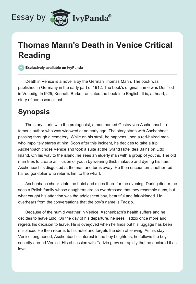 Thomas Mann's "Death in Venice" Critical Reading. Page 1