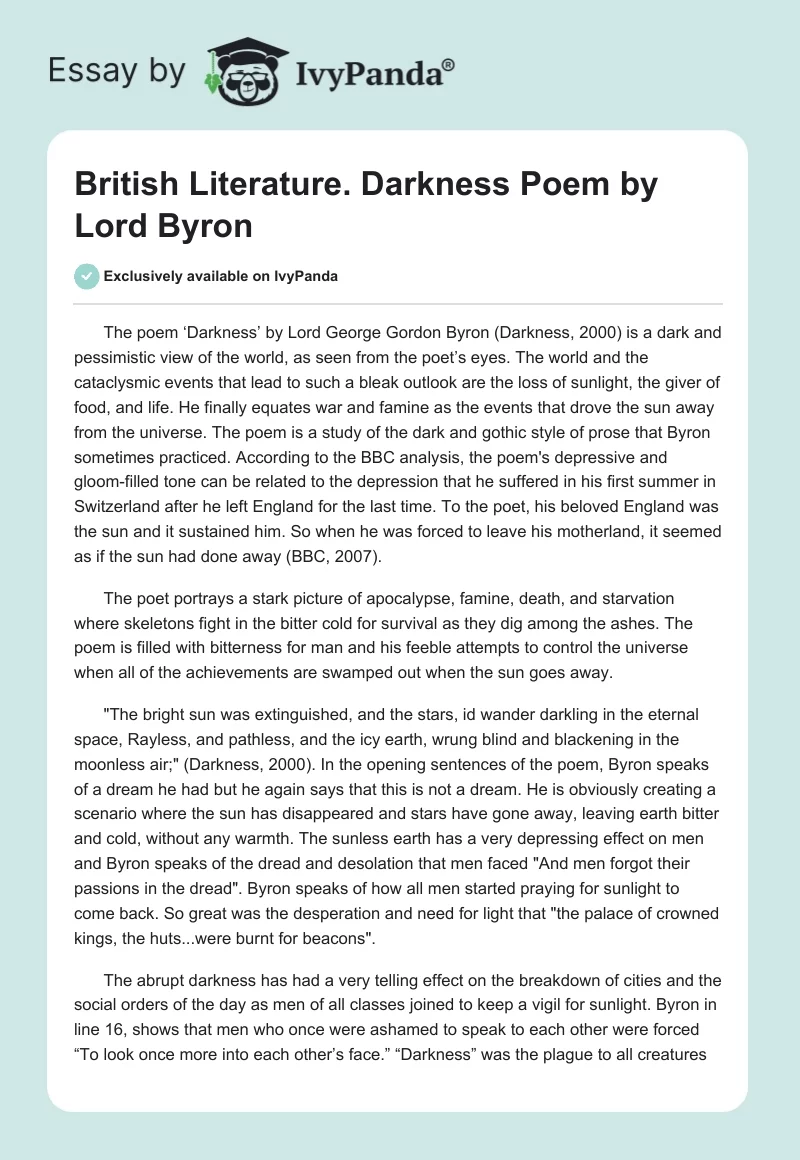 British Literature. "Darkness" Poem by Lord Byron. Page 1