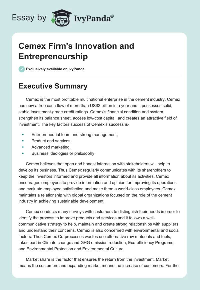 Cemex Firm's Innovation and Entrepreneurship. Page 1