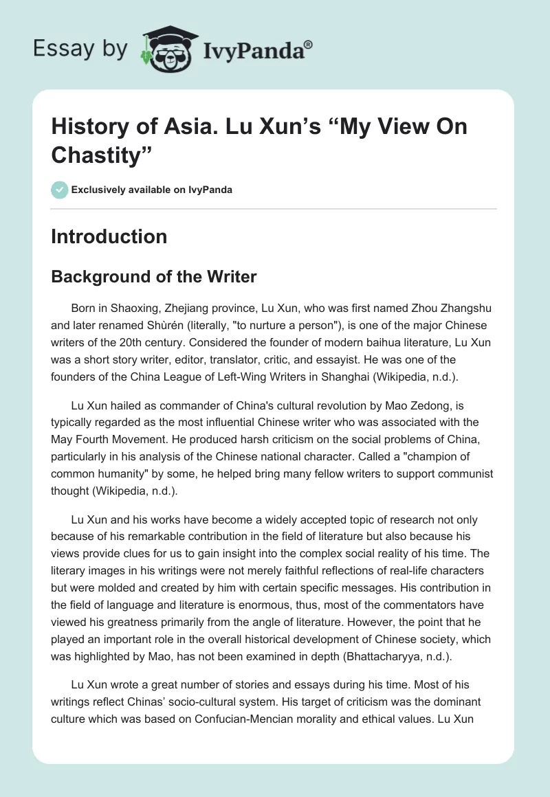 History of Asia. Lu Xun’s “My View On Chastity”. Page 1