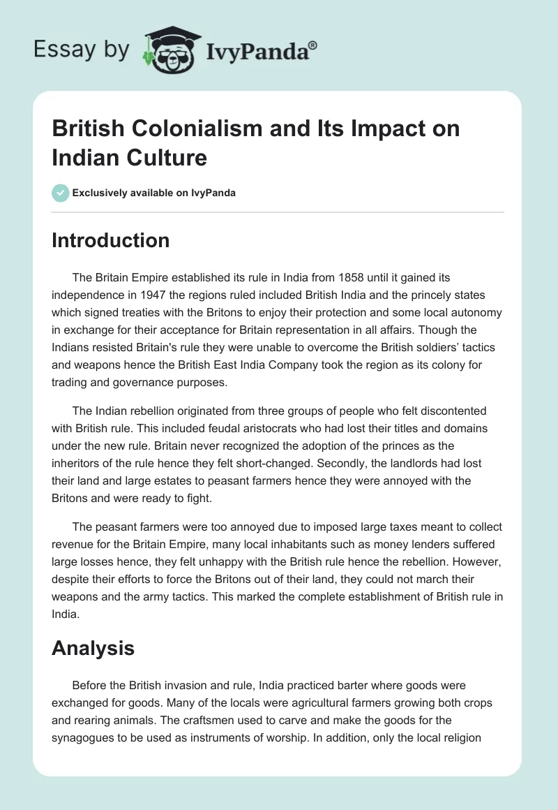 British Colonialism and Its Impact on Indian Culture. Page 1