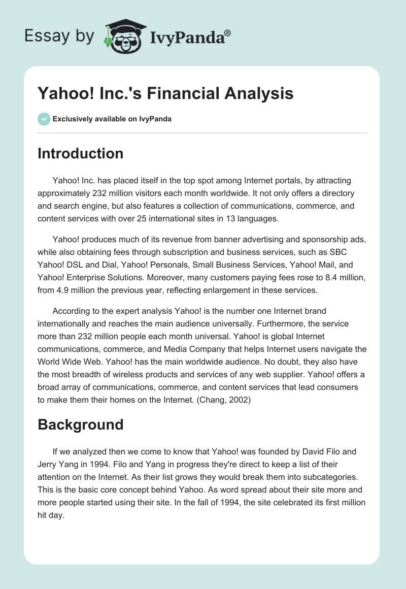 Yahoo! Inc.'s Financial Analysis. Page 1