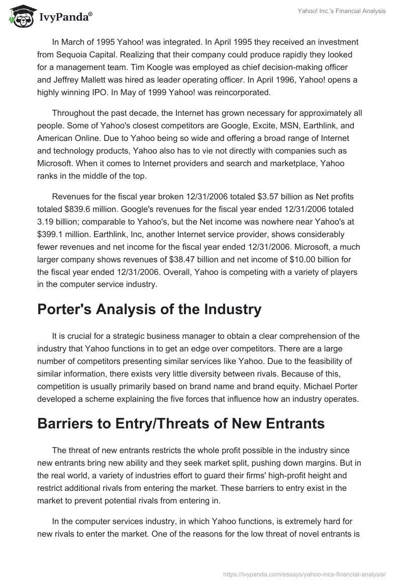Yahoo! Inc.'s Financial Analysis. Page 2