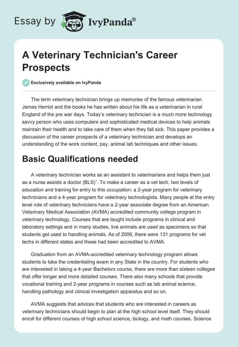 A Veterinary Technician's Career Prospects. Page 1
