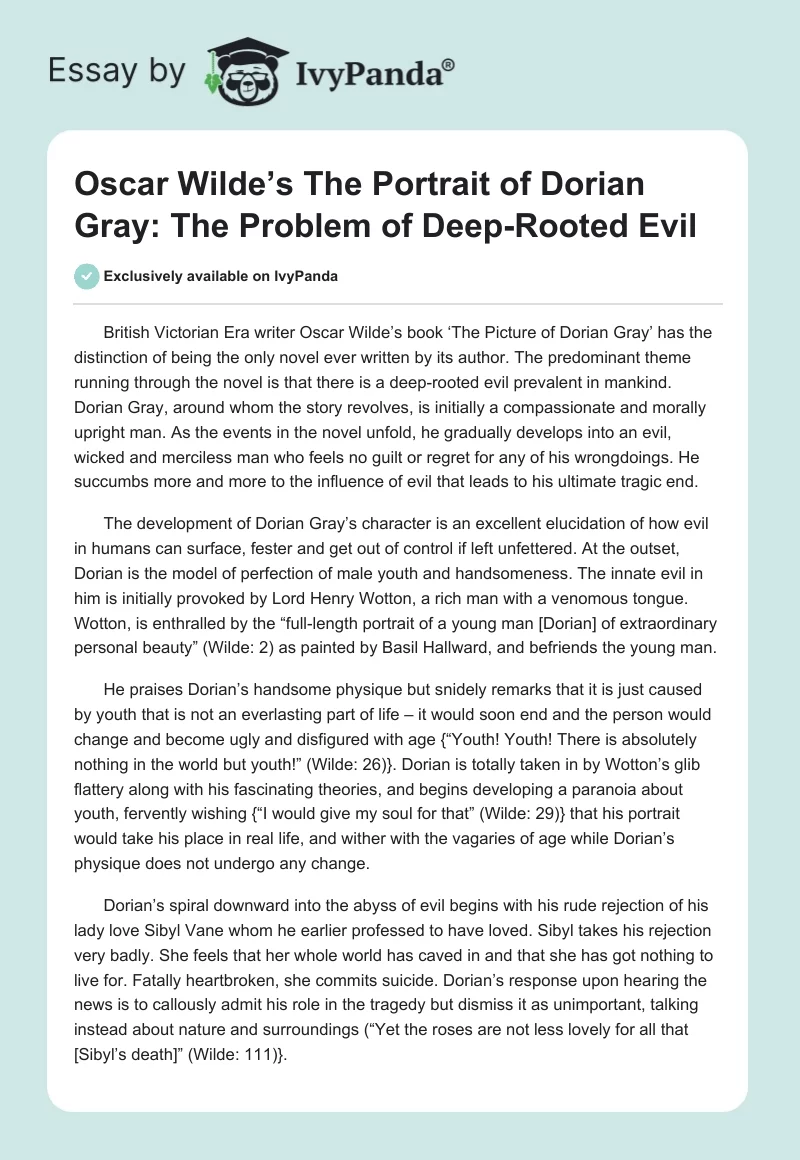 Oscar Wilde’s "The Portrait of Dorian Gray": The Problem of Deep-Rooted Evil. Page 1