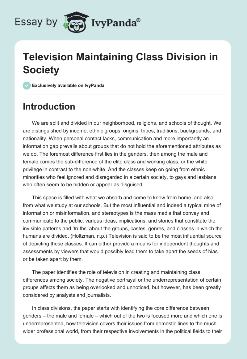 Television Maintaining Class Division in Society. Page 1