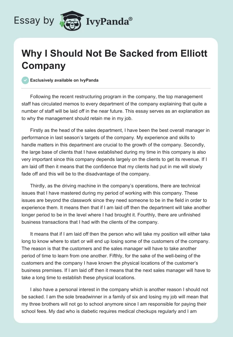 Why I Should Not Be Sacked from Elliott Company. Page 1