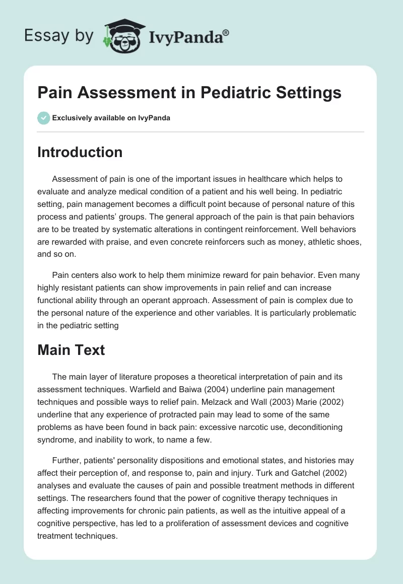 Pain Assessment in Pediatric Settings. Page 1