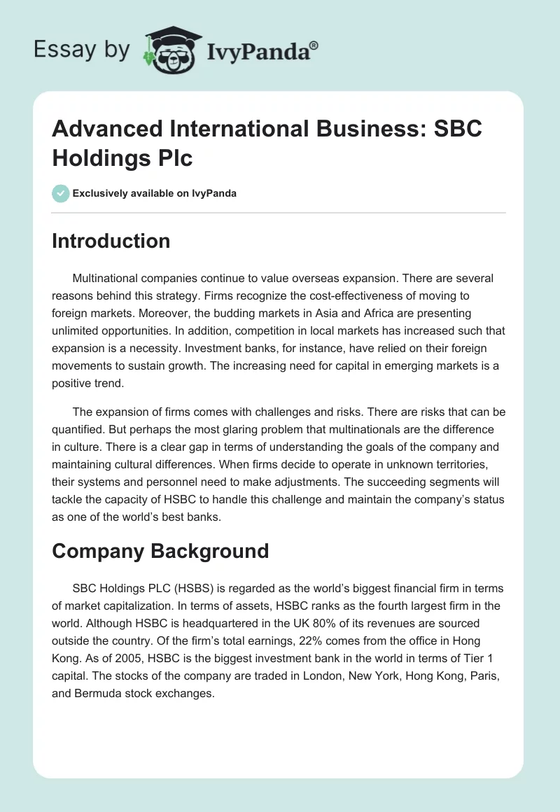 Advanced International Business: SBC Holdings Plc. Page 1
