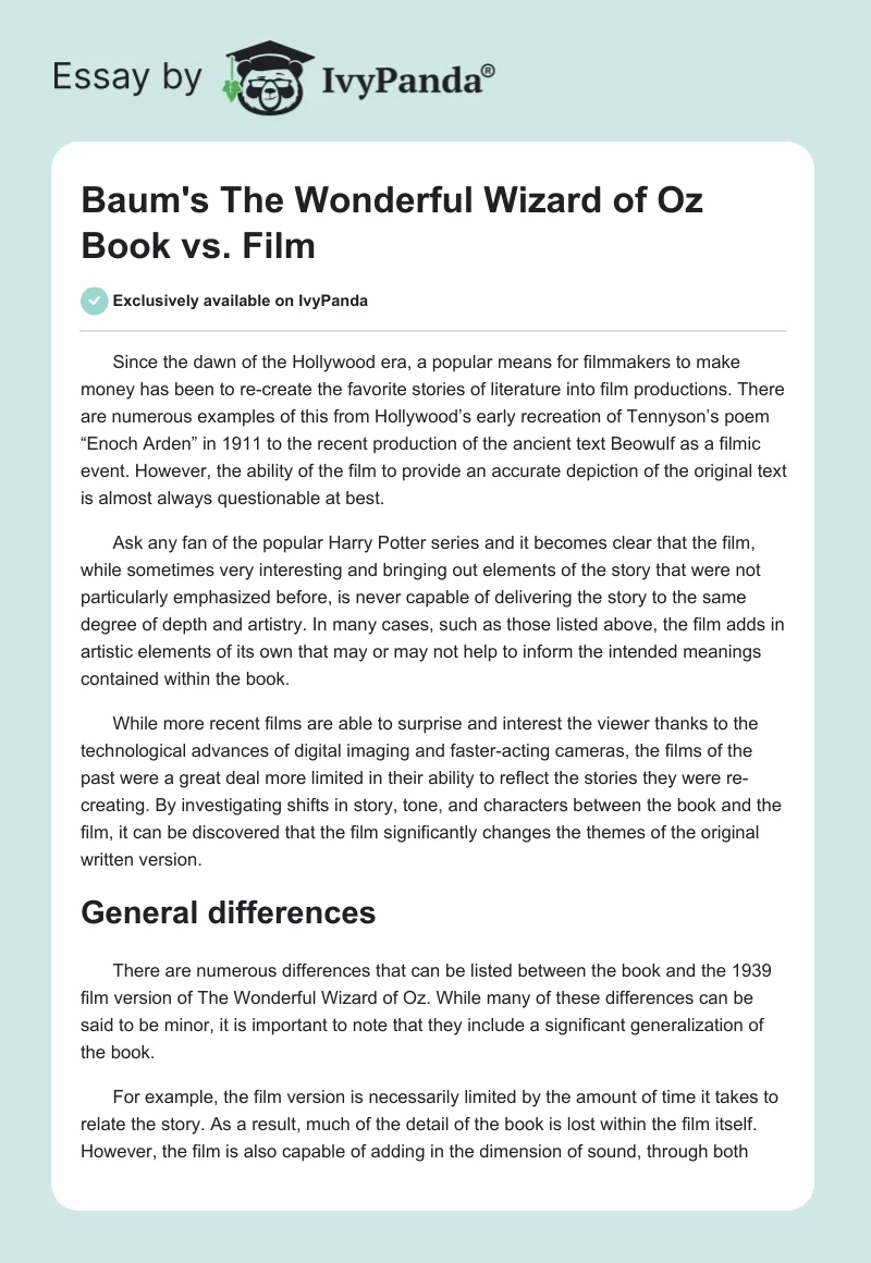 Baum's The Wonderful Wizard of Oz Book vs. Film. Page 1