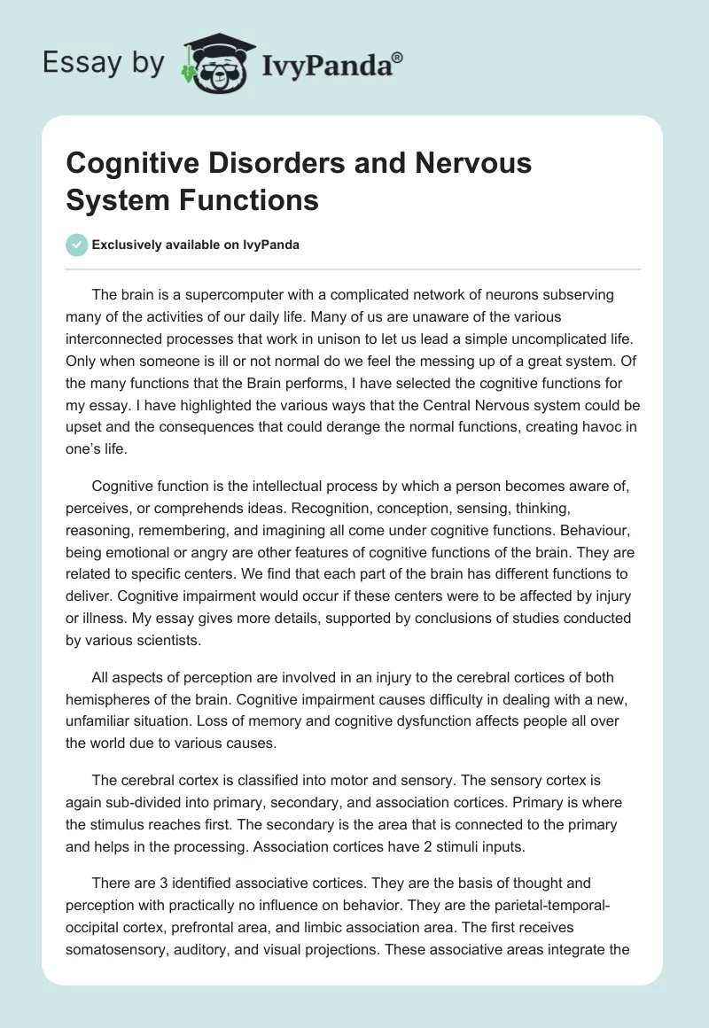 Cognitive Disorders and Nervous System Functions. Page 1