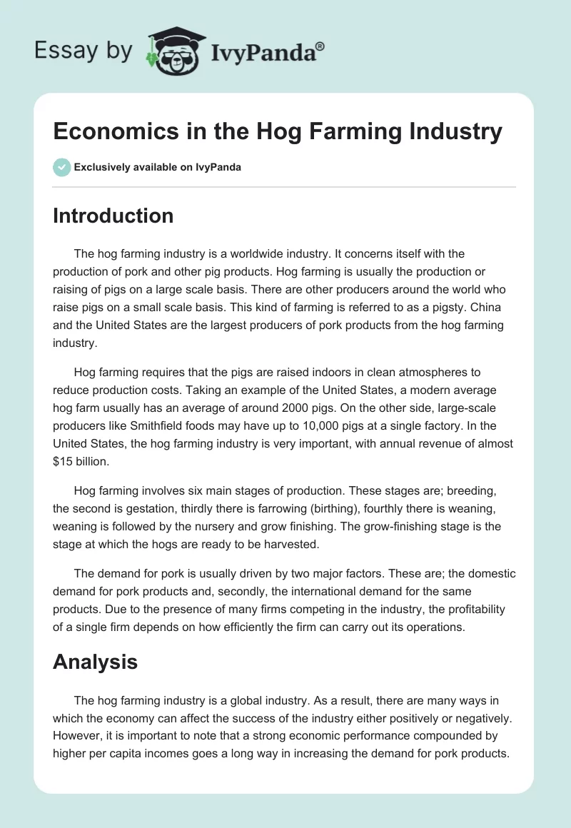 Economics in the Hog Farming Industry. Page 1