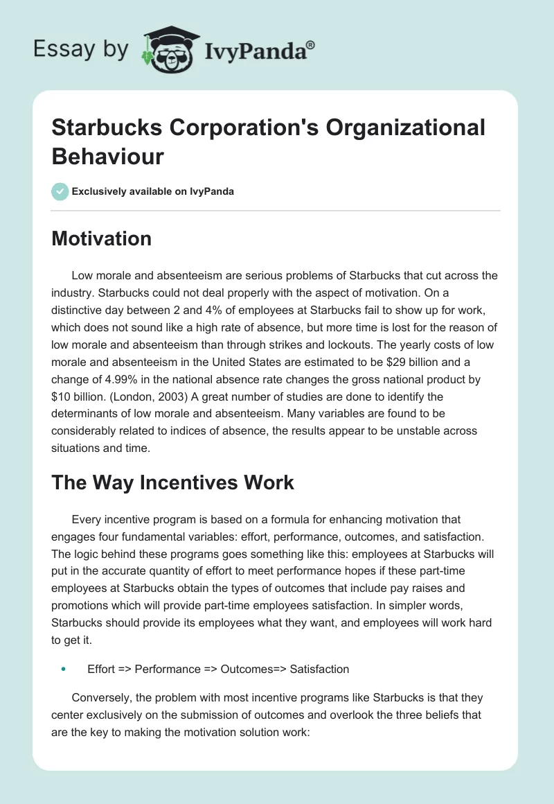 Starbucks Corporation's Organizational Behaviour. Page 1
