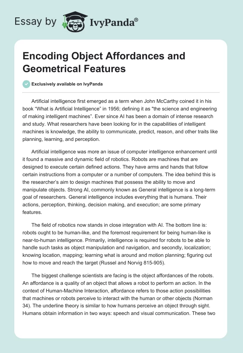 Encoding Object Affordances and Geometrical Features. Page 1