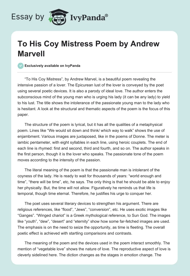 "To His Coy Mistress" Poem by Andrew Marvell. Page 1