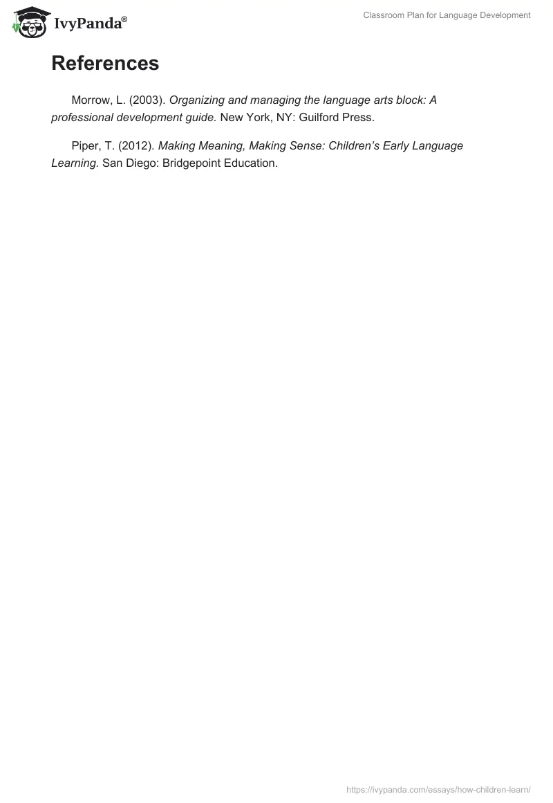 Classroom Plan for Language Development. Page 4