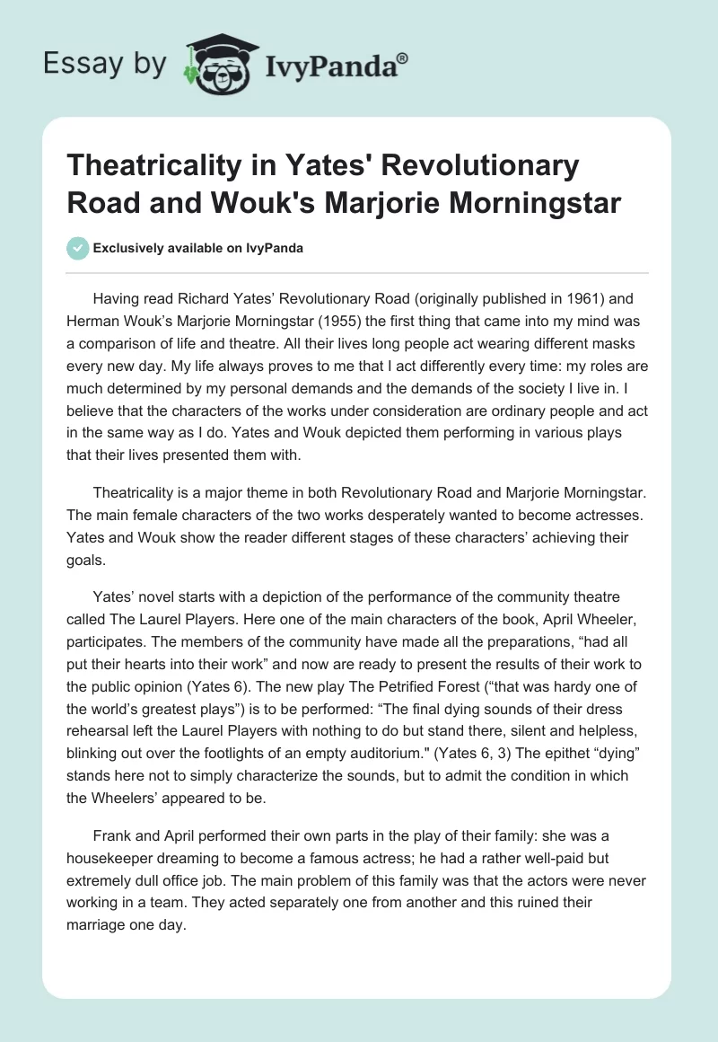 Theatricality in Yates' Revolutionary Road and Wouk's Marjorie Morningstar. Page 1