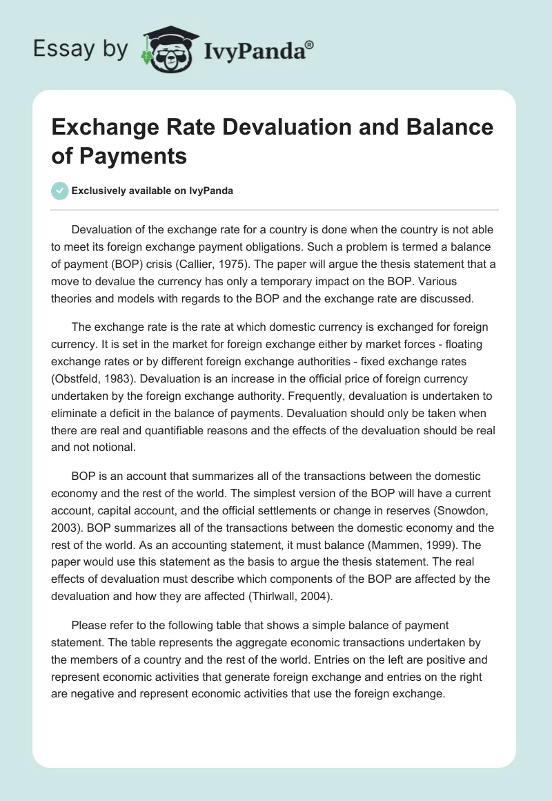 Exchange Rate Devaluation and Balance of Payments. Page 1