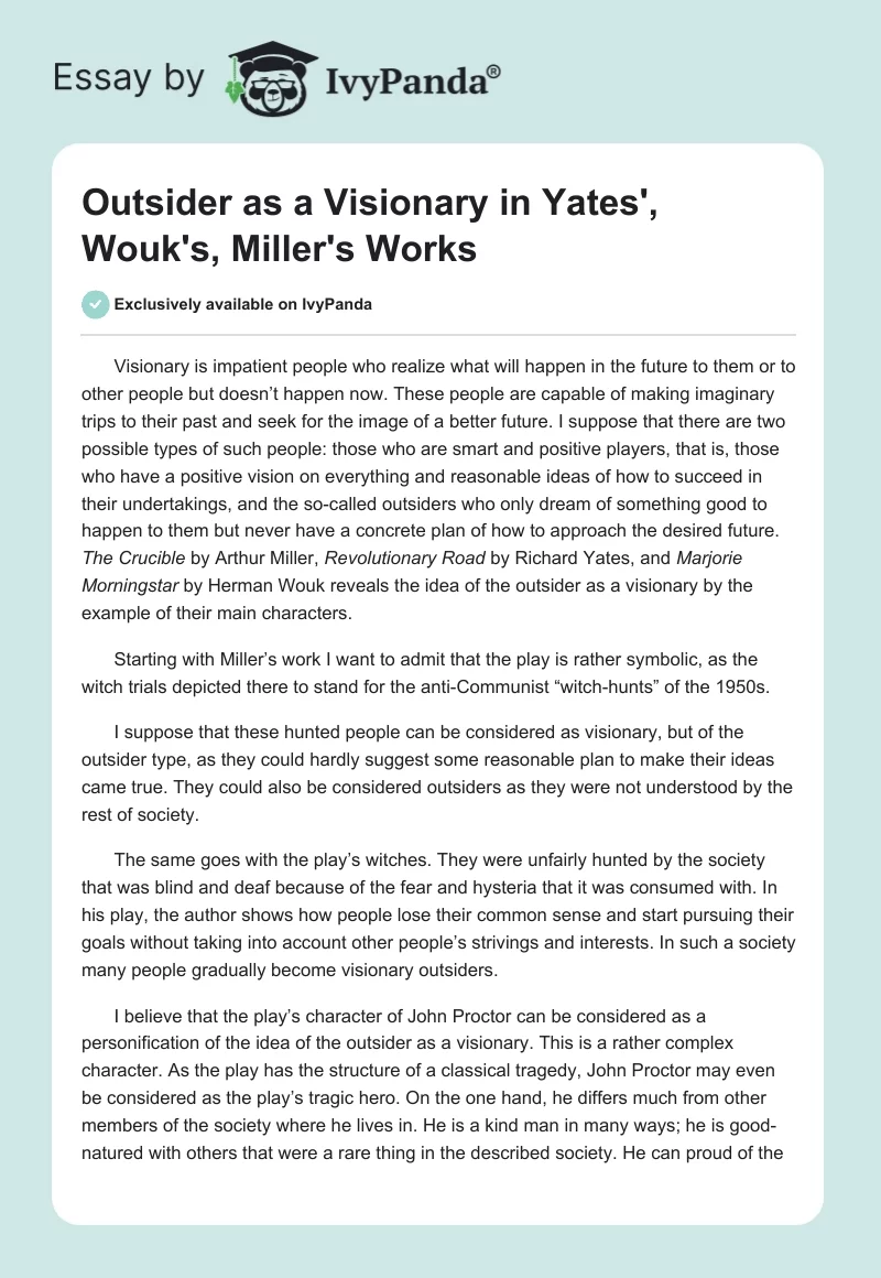 Outsider as a Visionary in Yates', Wouk's, Miller's Works. Page 1
