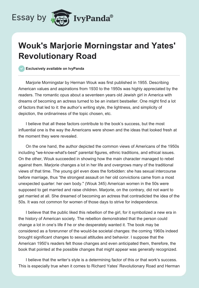 Wouk's Marjorie Morningstar and Yates' Revolutionary Road. Page 1
