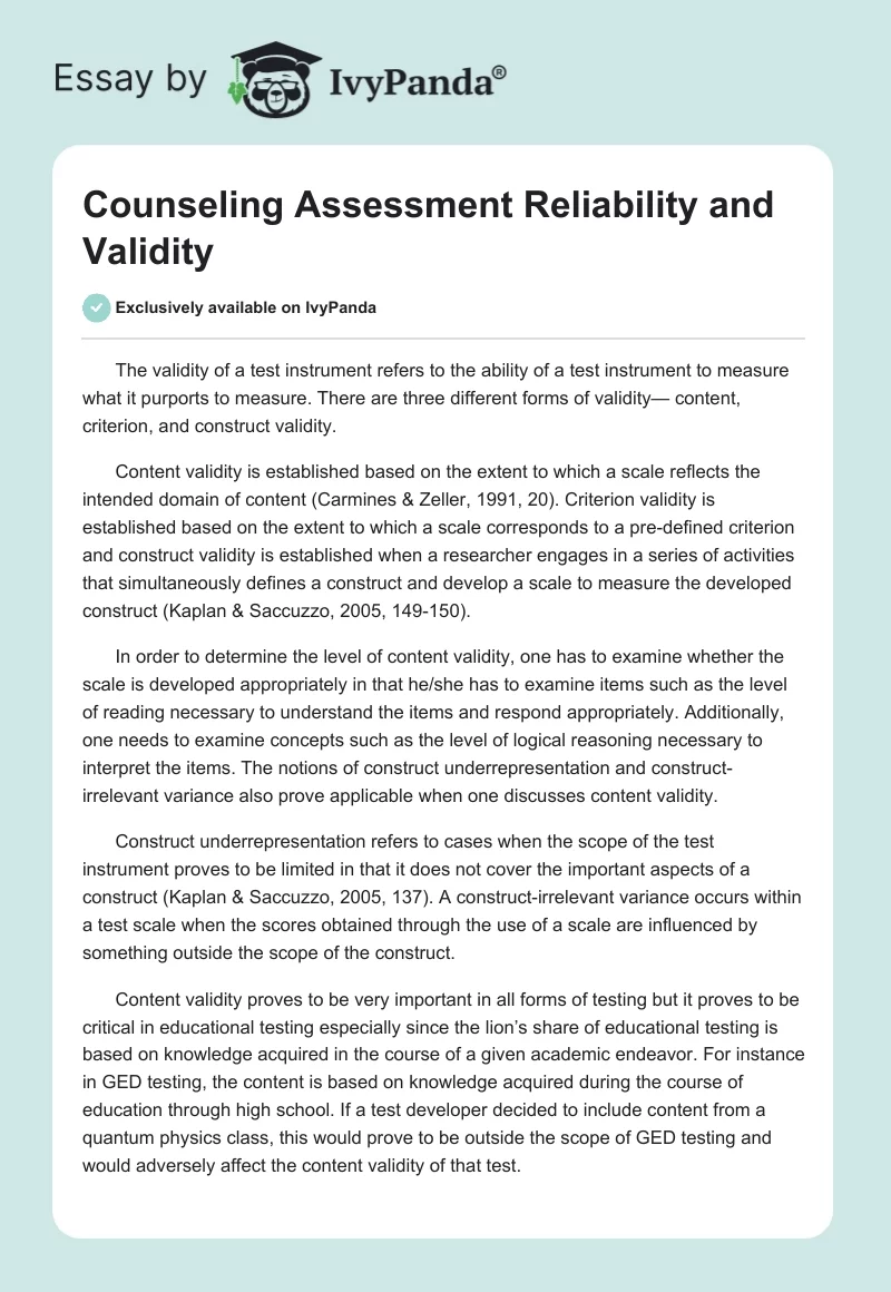 Counseling Assessment Reliability and Validity. Page 1