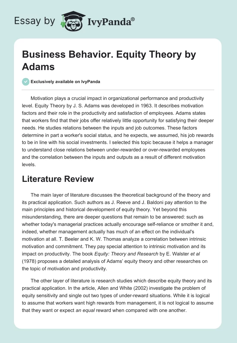 Business Behavior. Equity Theory by Adams. Page 1