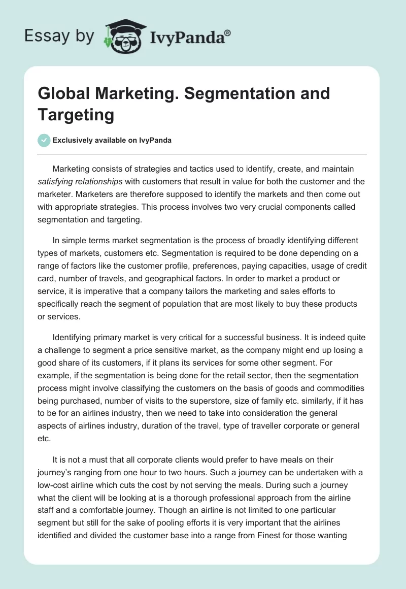 Global Marketing. Segmentation and Targeting. Page 1