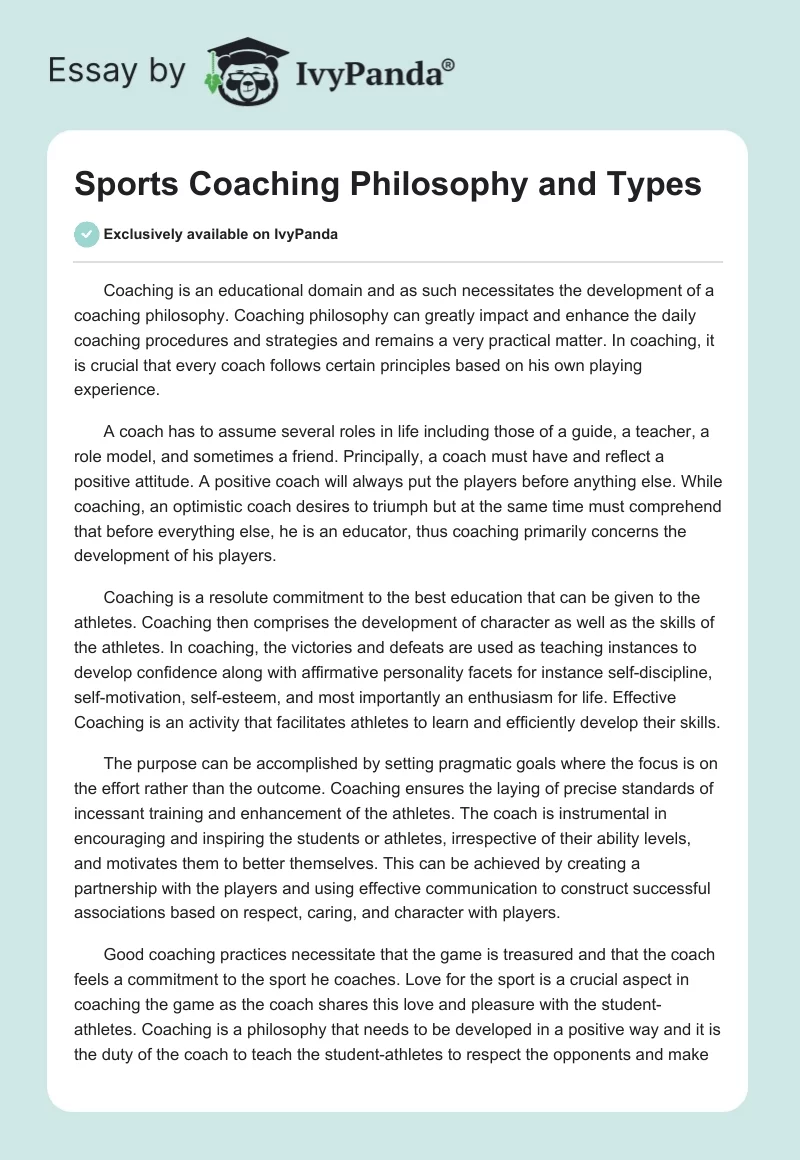 Sports Coaching Philosophy and Types. Page 1