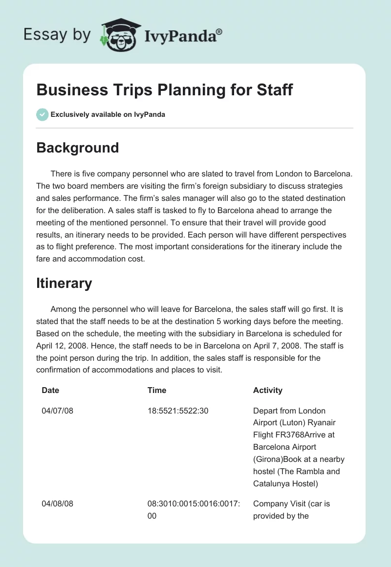 Business Trips Planning for Staff. Page 1