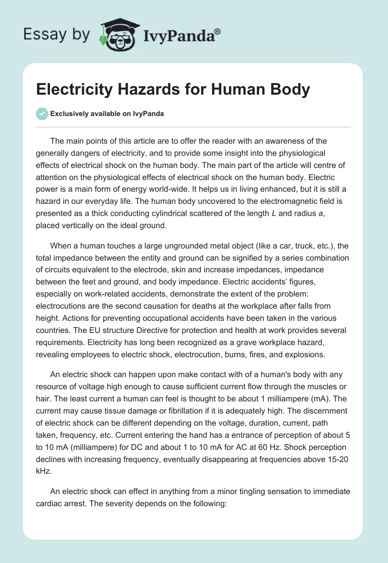 Electricity Hazards for Human Body. Page 1