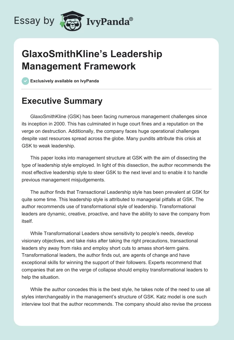 GlaxoSmithKline’s Leadership Management Framework. Page 1