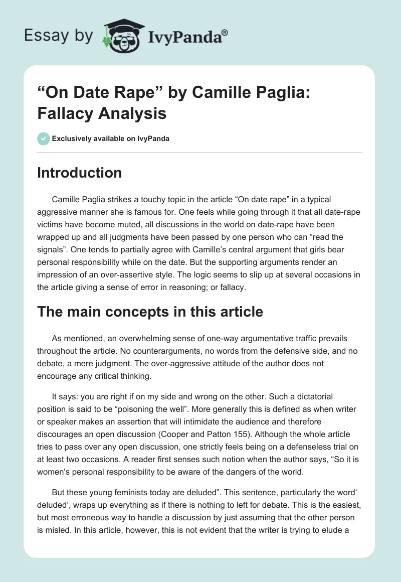 “On Date Rape” by Camille Paglia: Fallacy Analysis. Page 1