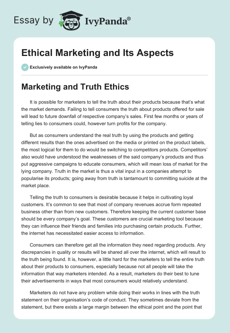 Ethical Marketing and Its Aspects. Page 1