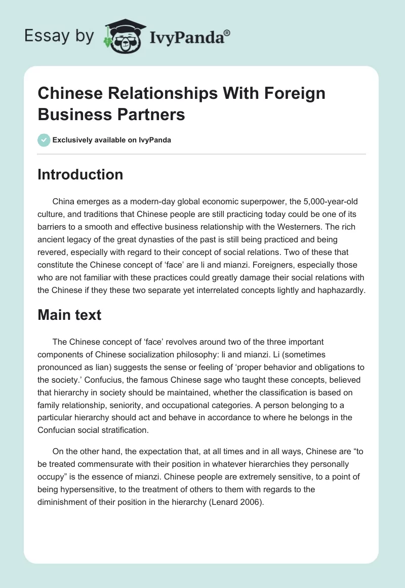 Chinese Relationships With Foreign Business Partners. Page 1