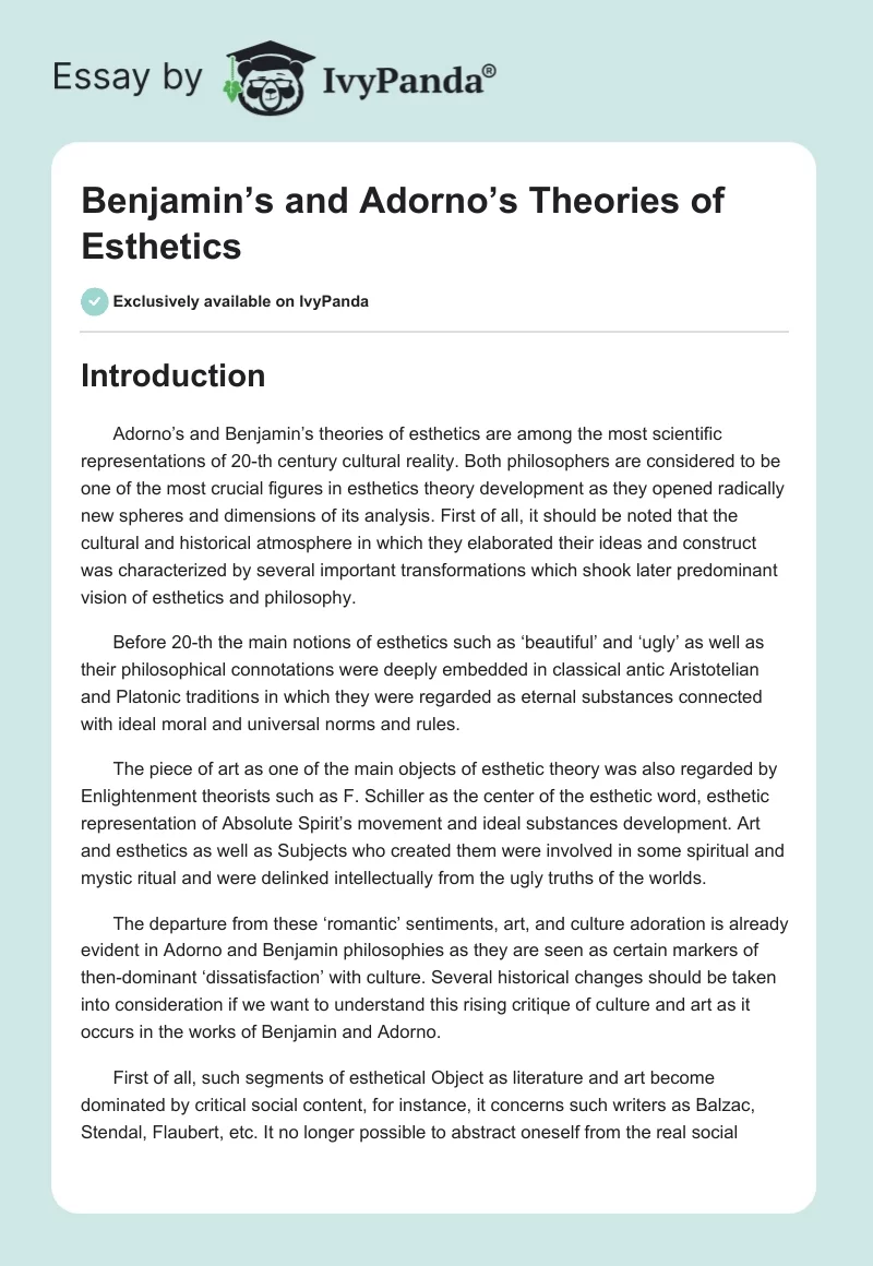 Benjamin’s and Adorno’s Theories of Esthetics. Page 1