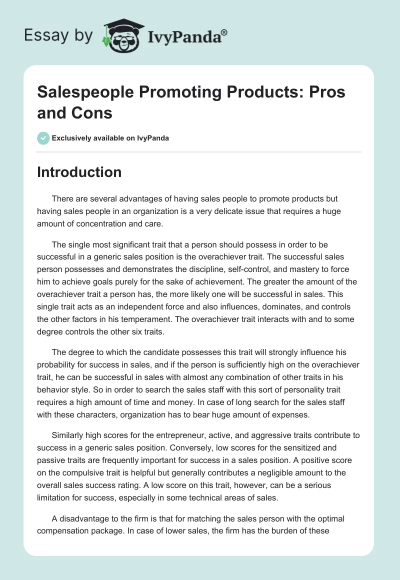 Salespeople Promoting Products: Pros and Cons. Page 1