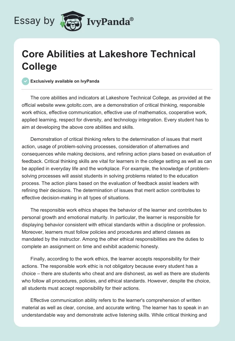 Core Abilities at Lakeshore Technical College. Page 1