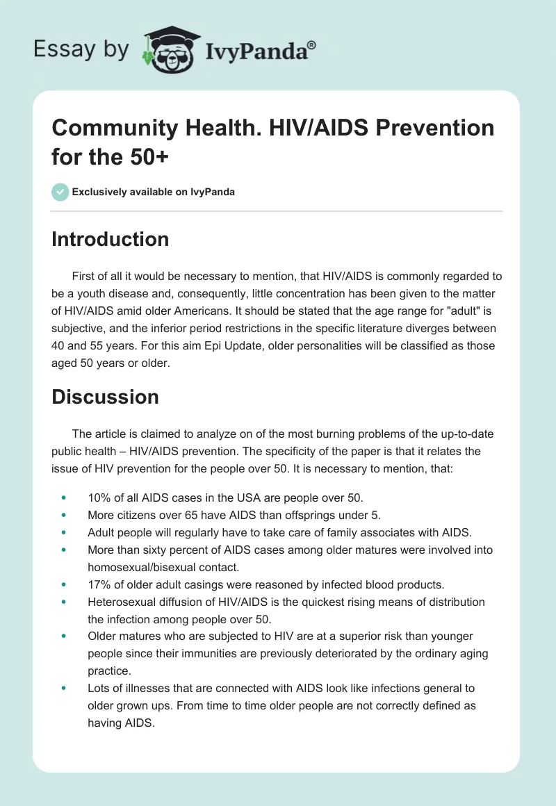 Community Health. HIV/AIDS Prevention for the 50+. Page 1